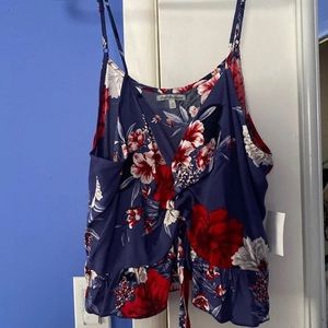 NWT Flowy Lace Up Tank Top L Blue Floral